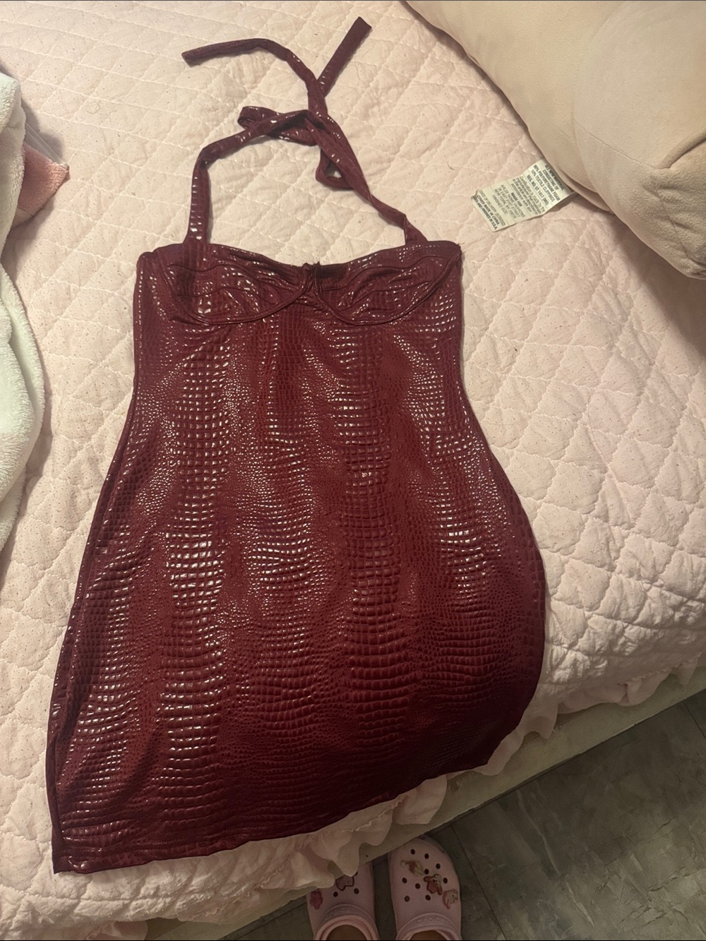 SHEIN Burgundy Halter Faux-Snakeskin Mini Dress